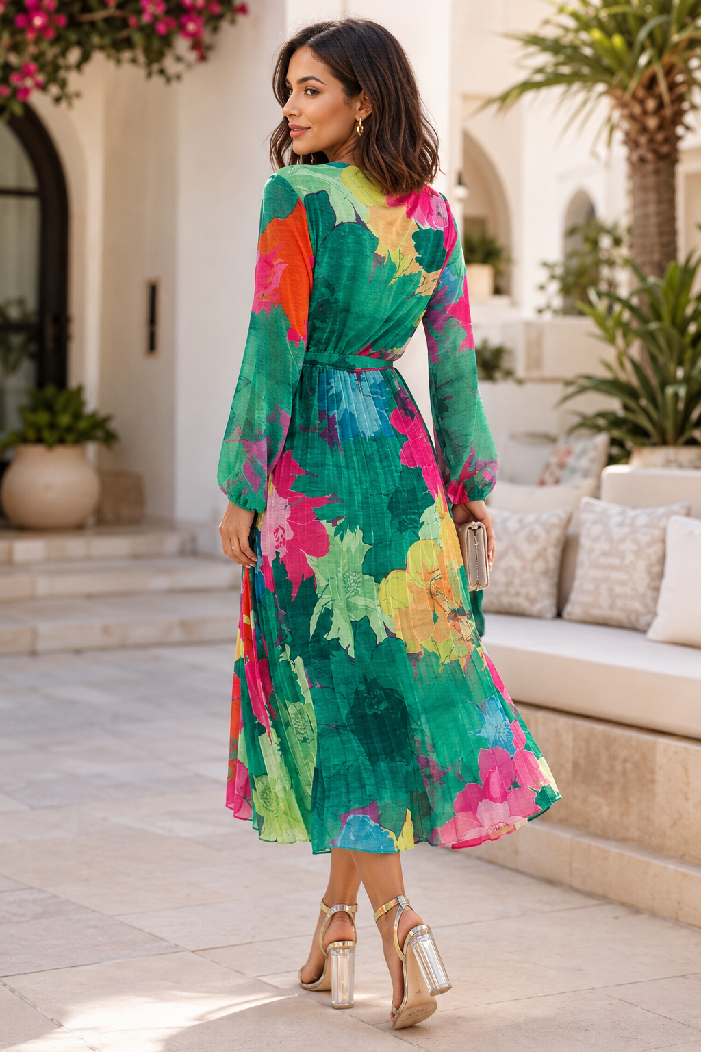 Floral Chiffon Pleated Wrap Midi Dress