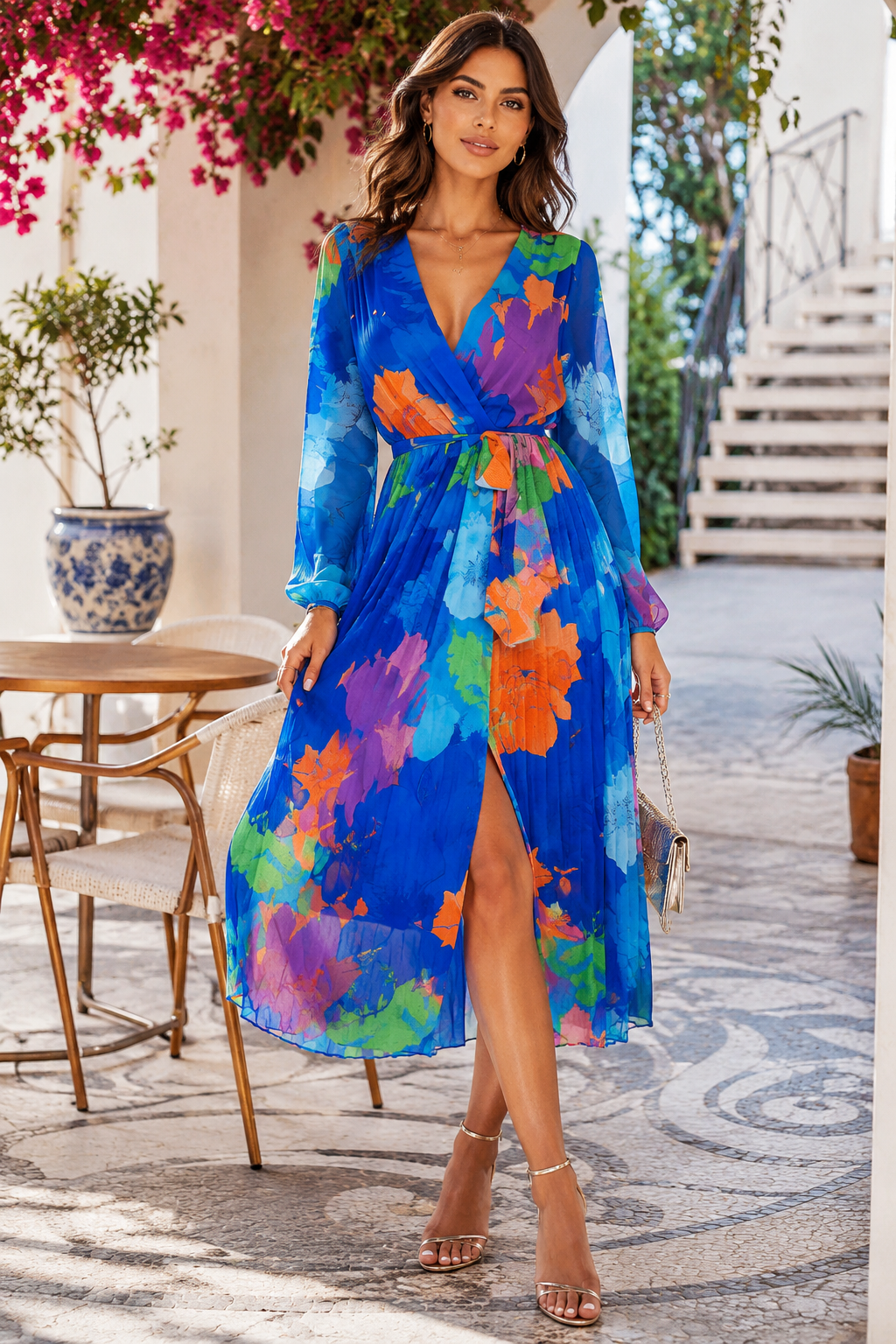 Floral Chiffon Pleated Wrap Midi Dress