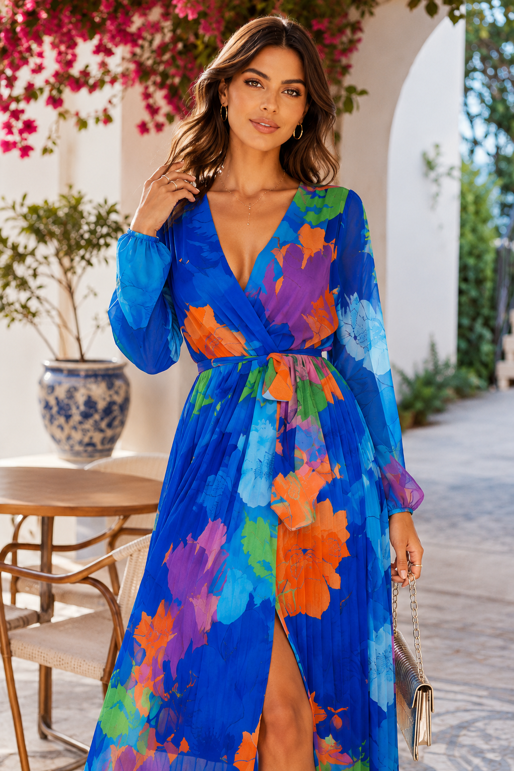 Floral Chiffon Pleated Wrap Midi Dress
