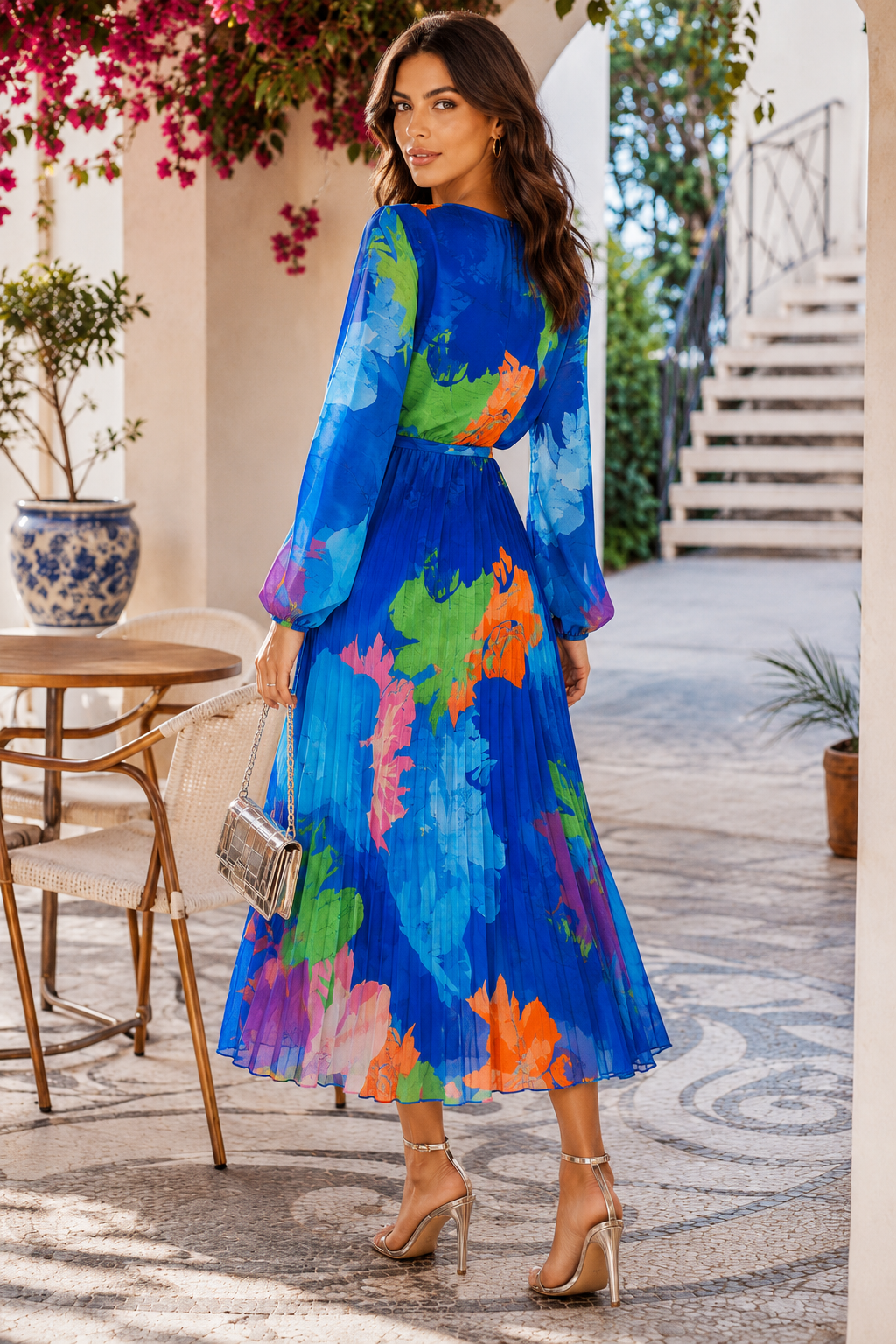 Floral Chiffon Pleated Wrap Midi Dress