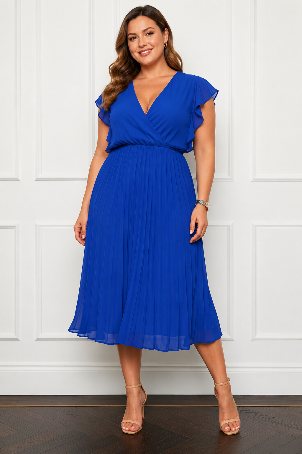 Cobalt Blue Pleated Wrap Midi Dress