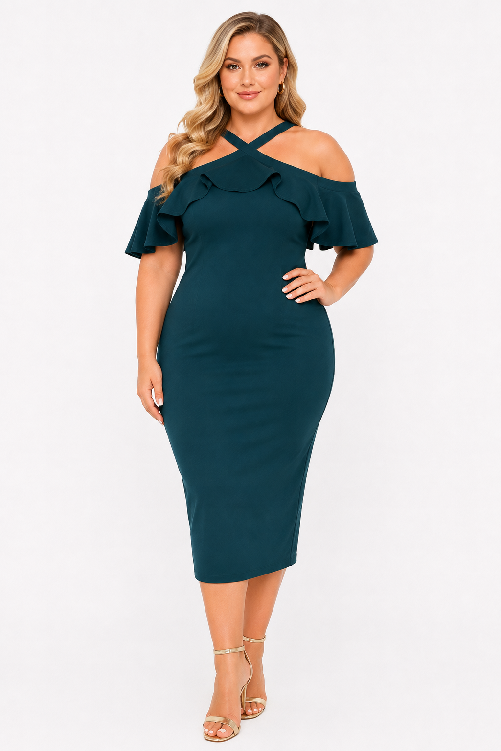 Teal Cold Shoulder Ruffle Midi Dress
