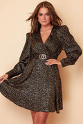 Gold Printed Wrap Buckle Detail Mini Dress