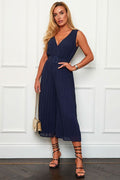 Navy Wrap Over Pleated Jumpsuit