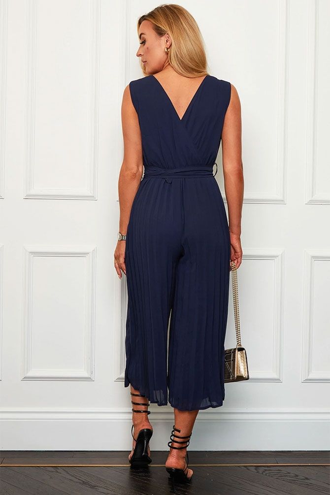Navy Wrap Over Pleated Jumpsuit