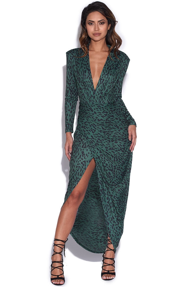 Forest Green Leopard Print Plunge Dress